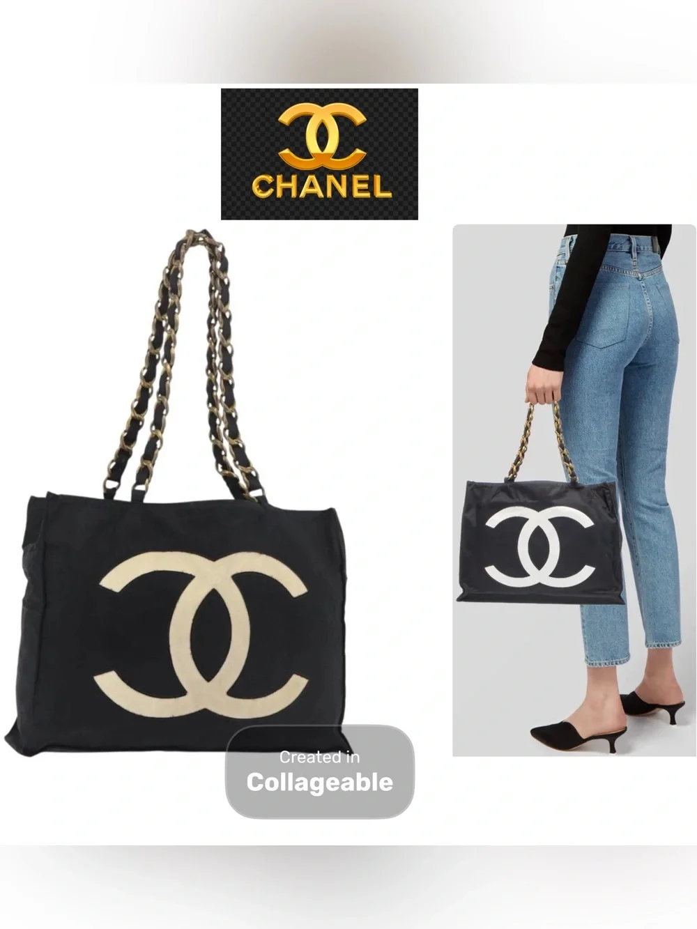 👜 CHANEL Black Tote Cream CC Logo Chain-Strap Golden Nylon Authentic Coco